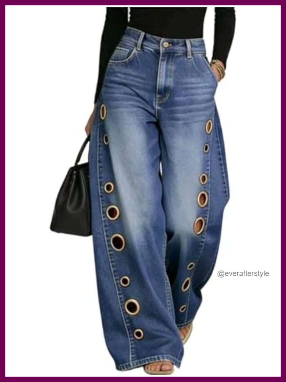 High Waisted Wide Leg Jeans Eyelet Cut Out Y2k Denim Pants for Women